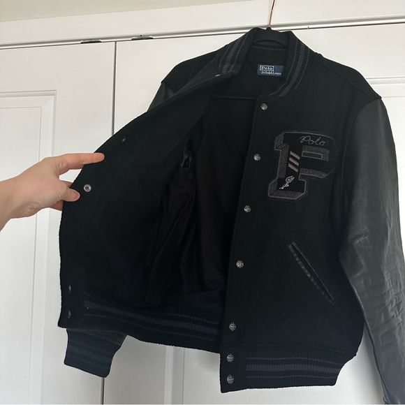Polo Ralph Lauren The Iconic Letterman Jack Black Wool & Leather Bomber Jacket - Picture 6 of 12